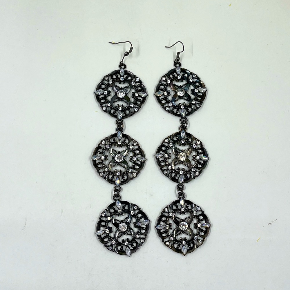 Extra Long Black Dangle Earrings With Crystal Accents
